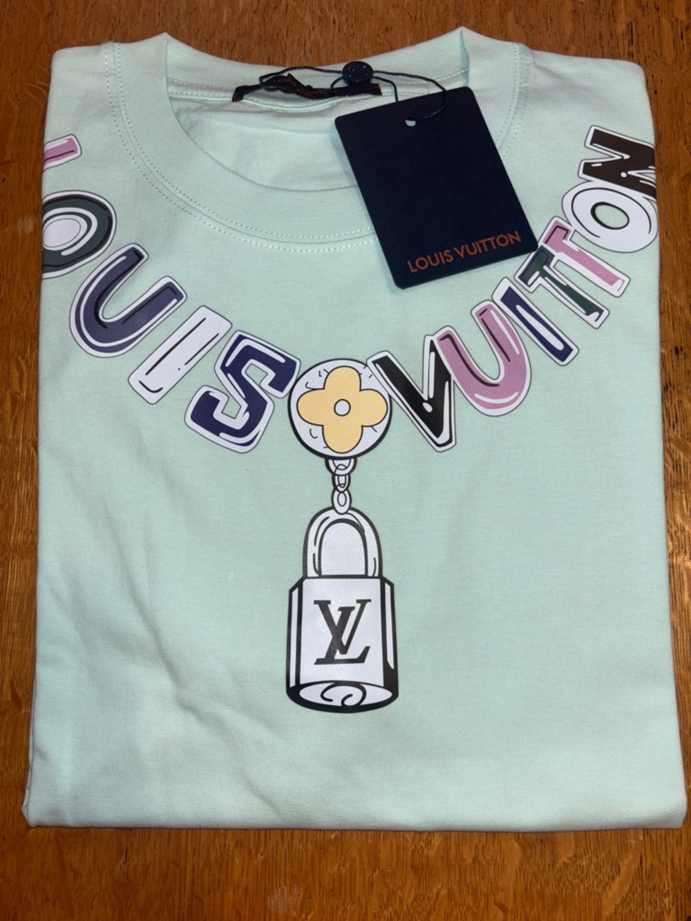 Louis Vuitton Kids Mint Tee with Multicolor Logo and Padlock